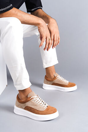 J005 Bağcıklı Ortopedik Taban Süet Günlük Erkek Spor Sneaker Ayakkabı BT Vizon/Taba