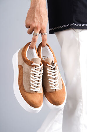 J005 Bağcıklı Ortopedik Taban Süet Günlük Erkek Spor Sneaker Ayakkabı BT Vizon/Taba