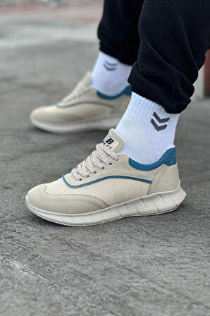 J062 Bağcıklı Ortopedik Taban Triko Erkek Sneaker Günlük Spor Ayakkabı KT Krem