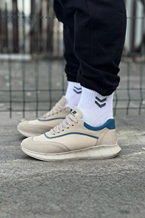 J062 Bağcıklı Ortopedik Taban Triko Erkek Sneaker Günlük Spor Ayakkabı KT Krem