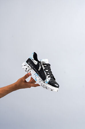 J02 Bağcıklı Timsah Desenli Mavi Baskılı Ortopedik Taban Erkek Spor Sneaker Ayakkabı BT Siyah