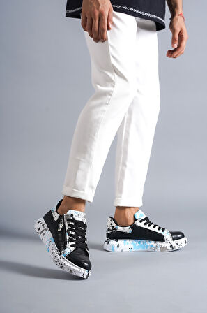 J02 Bağcıklı Timsah Desenli Mavi Baskılı Ortopedik Taban Erkek Spor Sneaker Ayakkabı BT Siyah