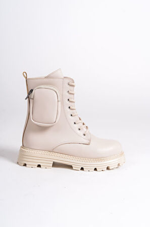 NYX Bağcıklı Fermuarlı Ortopedik Taban Suya ve Soğuğa Dayanıklı Çantalı Kadın Bot KT Krem