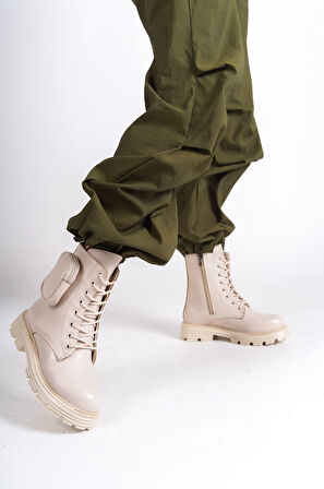 NYX Bağcıklı Fermuarlı Ortopedik Taban Suya ve Soğuğa Dayanıklı Çantalı Kadın Bot KT Krem