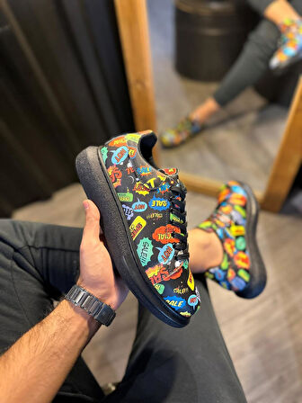 J046 Bağcıklı Ortopedik Taban Renkli Hot Baskılı Erkek Günlük Sneaker Spor Ayakkabı ST Siyah