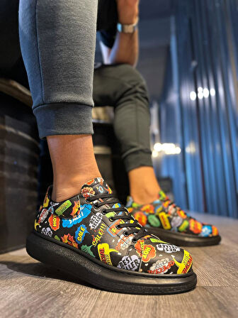 J046 Bağcıklı Ortopedik Taban Renkli Hot Baskılı Erkek Günlük Sneaker Spor Ayakkabı ST Siyah