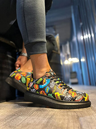 J046 Bağcıklı Ortopedik Taban Renkli Hot Baskılı Erkek Günlük Sneaker Spor Ayakkabı ST Siyah