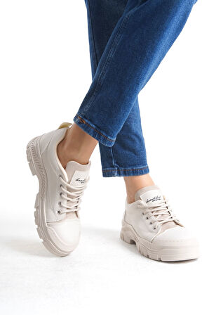 VIVIENNE Bağcıklı Ortopedik Taban Cilt Kadın Sneaker Ayakkabı KT Krem