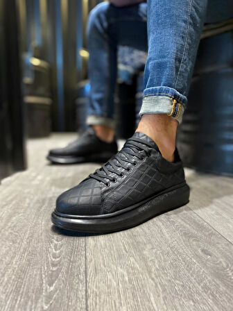 J044 Bağcıklı Ortopedik Taban Erkek Kapitone Desenli Günlük Sneaker Spor Ayakkabı ST Siyah