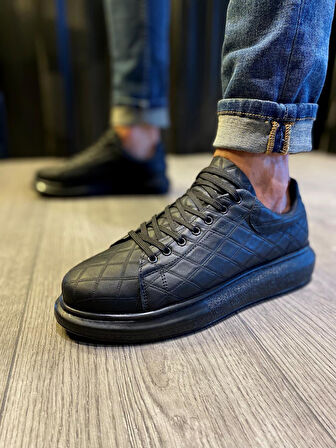 J044 Bağcıklı Ortopedik Taban Erkek Kapitone Desenli Günlük Sneaker Spor Ayakkabı ST Siyah
