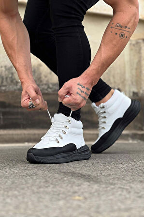 J035 Bağcıklı Ortopedik Taban Suya ve Soğuğa Dayanıklı Günlük Kışlık Cilt Erkek Bot ST Beyaz/Siyah