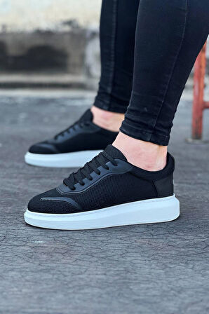 J019 Bağcıklı Ortopedik Taban Triko Erkek Sneaker Günlük Ayakkabı BT Siyah
