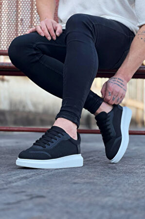 J019 Bağcıklı Ortopedik Taban Triko Erkek Sneaker Günlük Ayakkabı BT Siyah