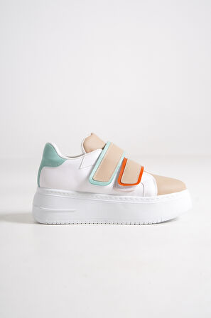 VENEDIK Bağcıksız Cırtlı 2 Bantlı Ortopedik Taban Kadın Sneaker Günlük Ayakkabı BT Beyaz/Ten/Mavi