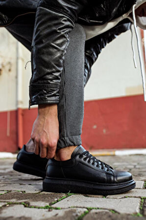 J044 Bağcıklı Ortopedik Taban Erkek Günlük Sneaker Spor Ayakkabı ST Siyah