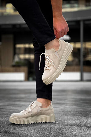 J-X502 Bağcıklı Ortopedik Taban Günlük Süet Erkek Spor Sneaker Ayakkabı BT Bej