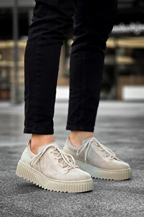 J-X502 Bağcıklı Ortopedik Taban Günlük Süet Erkek Spor Sneaker Ayakkabı BT Bej