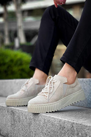 J-X502 Bağcıklı Ortopedik Taban Günlük Süet Erkek Spor Sneaker Ayakkabı BT Bej