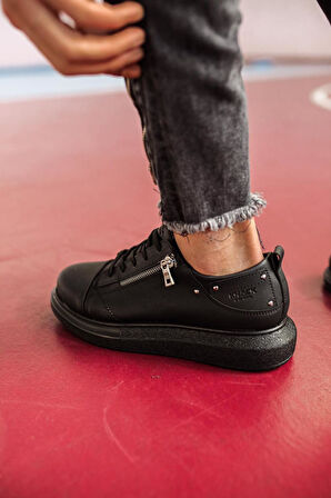 J555 Bağcıklı Fermuarlı Ortopedik Taban Erkek Günlük Sneaker Spor Ayakkabı ST Siyah