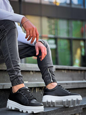 J056 Bağcıklı Ortopedik Taban Günlük Cilt Erkek Spor Sneaker Ayakkabı BT Siyah