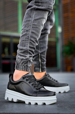 J056 Bağcıklı Ortopedik Taban Günlük Cilt Erkek Spor Sneaker Ayakkabı BT Siyah