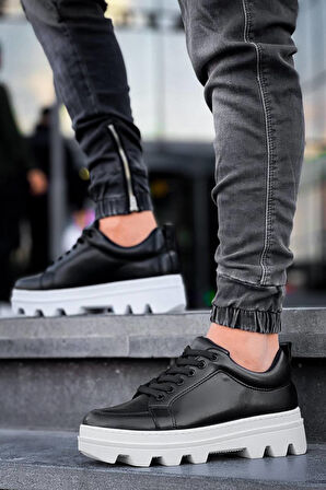 J056 Bağcıklı Ortopedik Taban Günlük Cilt Erkek Spor Sneaker Ayakkabı BT Siyah