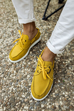 J008 Bağcıklı Ortopedik Taban Erkek Günlük Klasik Keten Ayakkabı BT Sarı