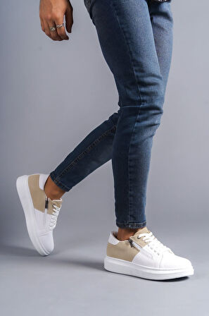 J155 Warrior Bağcıklı ve Fermuarlı Cilt Süet Erkek Günlük Sneaker Ayakkabı BT Beyaz/Krem