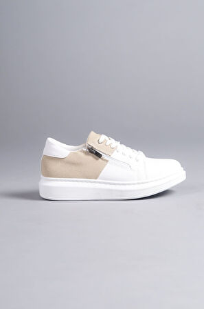 J155 Warrior Bağcıklı ve Fermuarlı Cilt Süet Erkek Günlük Sneaker Ayakkabı BT Beyaz/Krem