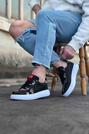 J040 Bağcıklı Ortopedik Taban Kurukafa Baskılı Erkek Sneaker Günlük Ayakkabı BT Siyah/Beyaz
