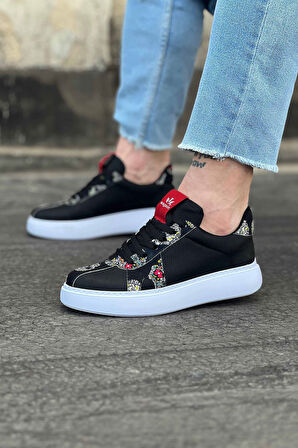 J040 Bağcıklı Ortopedik Taban Kurukafa Baskılı Erkek Sneaker Günlük Ayakkabı BT Siyah/Beyaz