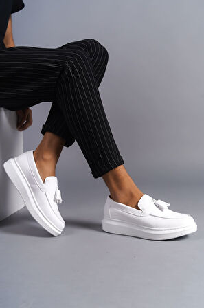 J154 Blaze Bağcıksız Püsküllü Cilt Erkek Günlük Spor Klasik Ayakkabı BT Beyaz