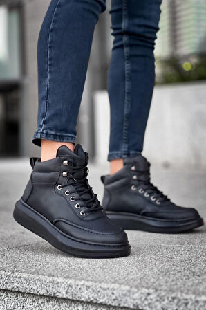 J0994 Bağcıklı Ortopedik Taban Suya ve Soğuğa Dayanıklı Günlük Kışlık Cilt Erkek Bot ST Siyah