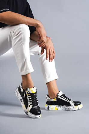 J02 Bağcıklı Timsah Desenli Sarı Baskılı Ortopedik Taban Erkek Spor Sneaker Ayakkabı BT Siyah