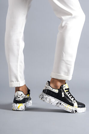 J02 Bağcıklı Timsah Desenli Sarı Baskılı Ortopedik Taban Erkek Spor Sneaker Ayakkabı BT Siyah