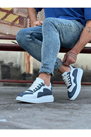 J301 Bağcıklı Ortopedik Taban Erkek Sneaker Günlük Ayakkabı BT Beyaz/Mavi