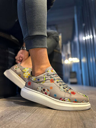 J046 Bağcıklı Ortopedik Taban Renkli Kurukafa Baskılı Erkek Günlük Sneaker Spor Ayakkabı BT Gri