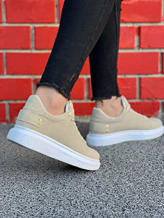 J047 Bağcıklı Ortopedik Taban Süet Günlük Erkek Spor Sneaker Ayakkabı BT Bej