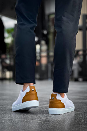 J-BX1 Bağcıklı Ortopedik Taban Günlük Erkek Spor Sneaker Ayakkabı BT Beyaz/Taba