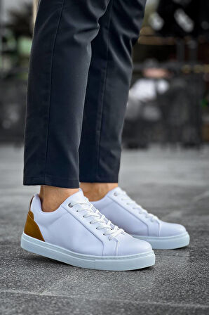 J-BX1 Bağcıklı Ortopedik Taban Günlük Erkek Spor Sneaker Ayakkabı BT Beyaz/Taba