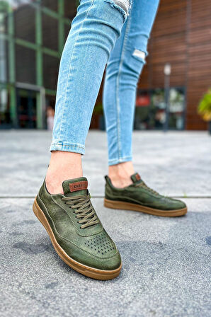 J157 Retro Ortopedik Taban Günlük Cilt Erkek Sneaker Spor Ayakkabı CTT Haki