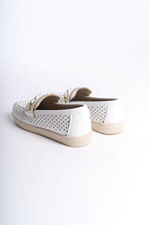 HELEN Bağcıksız Ortopedik Rahat Taban Kalp Desenli Kadın Babet Ayakkabı KT Beyaz