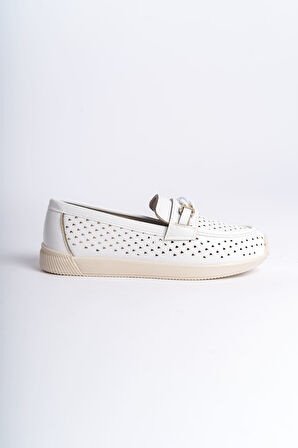 HELEN Bağcıksız Ortopedik Rahat Taban Kalp Desenli Kadın Babet Ayakkabı KT Beyaz