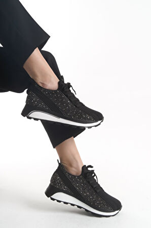 ALYA Bağcıklı Ortopedik Taban Taşlı Kadın Sneaker Spor Ayakkabı BT - Siyah