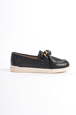 HANDY Bağcıksız Ortopedik Rahat Taban Kalp Desenli Babet Ayakkabı KT Siyah