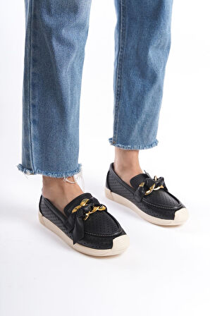 HANDY Bağcıksız Ortopedik Rahat Taban Kalp Desenli Babet Ayakkabı KT Siyah