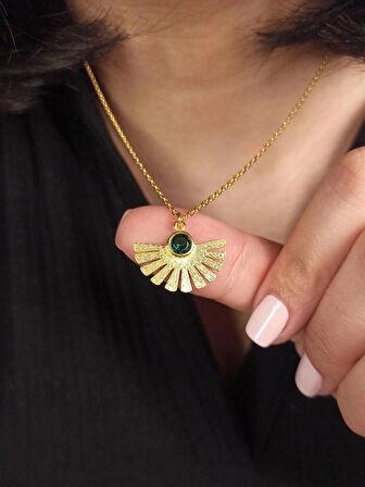 Zümrüt Taşlı Art Deco Yelpaze Kolye , 925 Ayar Gümüş Vintage Takı, Japon Yelpazesi Kolye, Anneler Günü Hediyesi