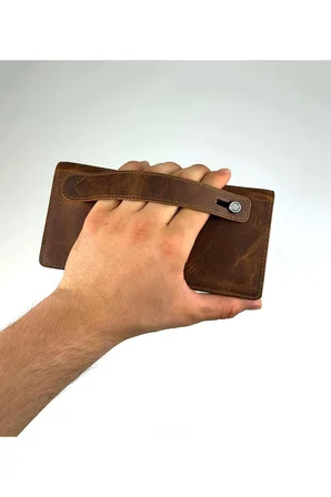 Erkek Hakiki Deri Kahverengi Telefon Bölmeli Uzun Cüzdan ve Kartlık