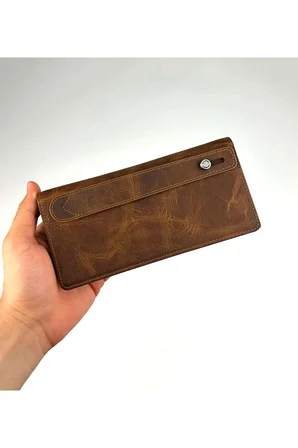 Erkek Hakiki Deri Kahverengi Telefon Bölmeli Uzun Cüzdan ve Kartlık