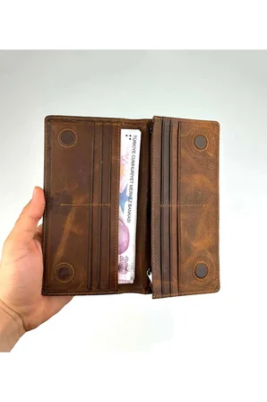 Erkek Hakiki Deri Kahverengi Telefon Bölmeli Uzun Cüzdan ve Kartlık
